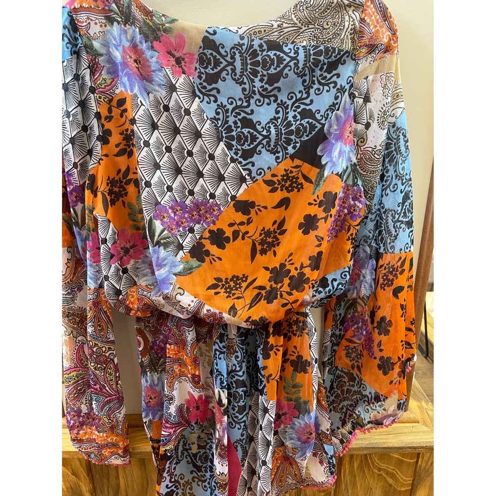 Spy Zone Exchange Patchwork Floral Paisley Pom Pom Trim Bell Sleeve Romper Small - Picture 7 of 8